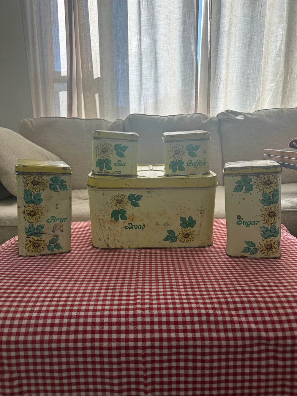Vintage 70s Cheinco Sunflower Kitchen Tin Set - 5 pc Breadbox & Canisters